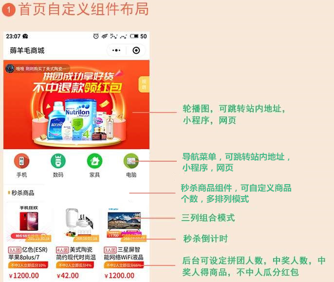 【薅羊毛拼团商城V1.1.7】首页自定义组件布局+秒杀拼团